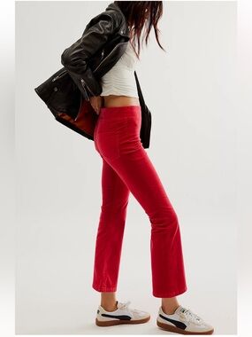 Free People In My Feelings Velvet Crop Slim Flare Pants Red Side Zip Small